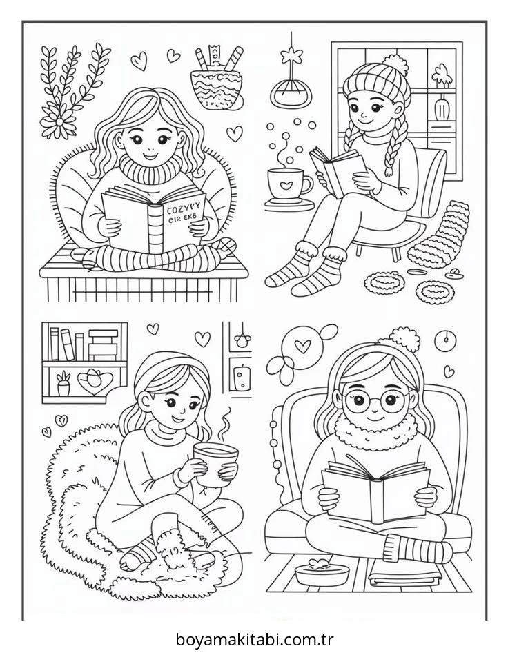 Cozy boyama sayfası – PDF indir, sevimli karakter