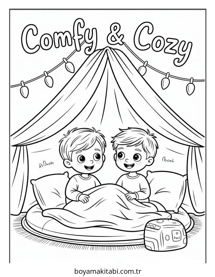 Cozy boyama sayfası – çocuk aktivitesi, PDF indir