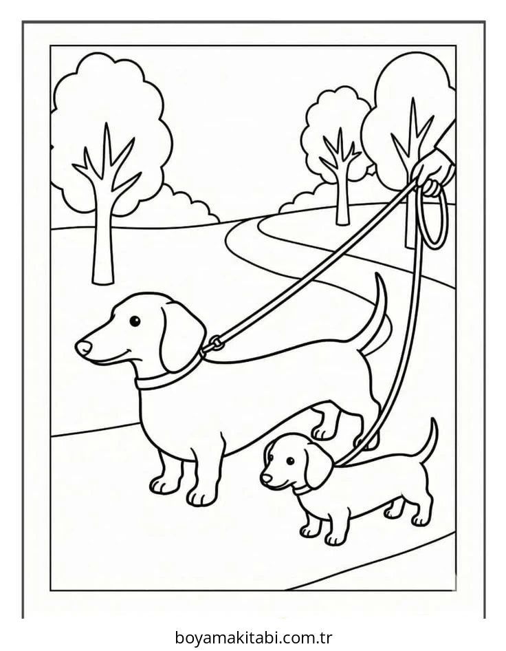 Dachshund boyama sayfası #33 – renkli çizimler, dikkat ve odaklanma geliştirir