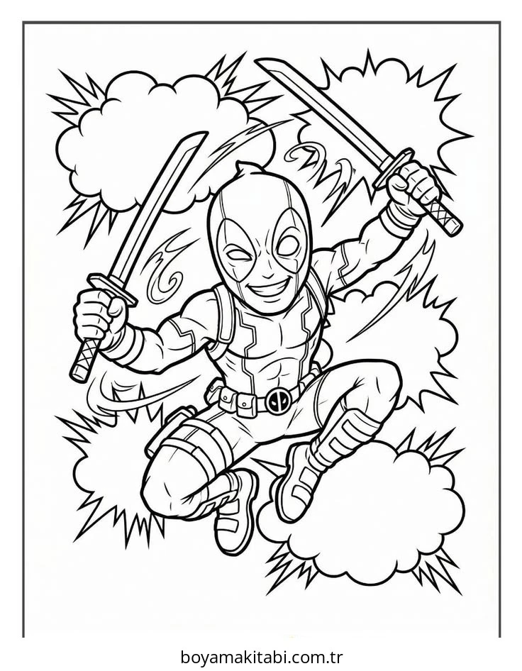 Deadpool boyama sayfası – PDF indir, sevimli karakter