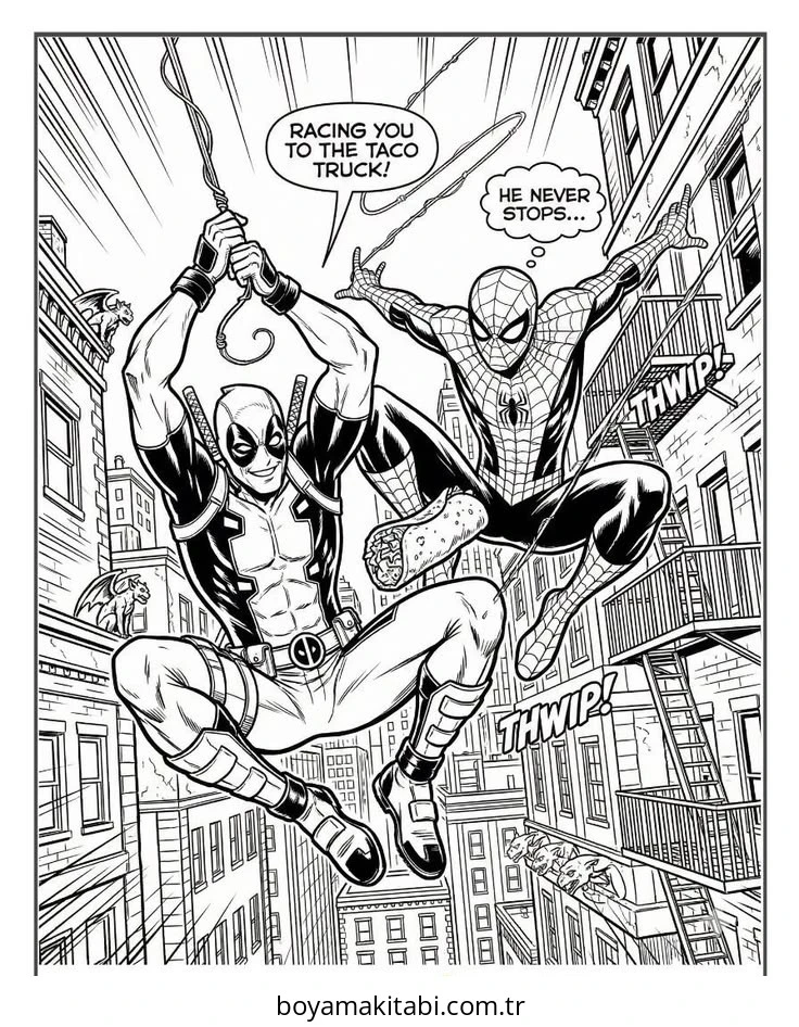 Deadpool boyama sayfası – sevimli karakter, sanatsal çalışma