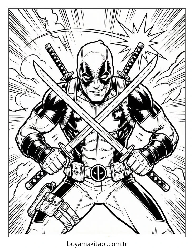 Deadpool boyama sayfası – keyifli zaman, renkli çizimler
