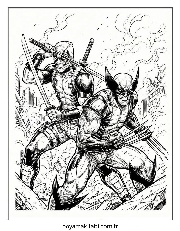 Deadpool boyama sayfası – sanatsal çalışma, çocuklar için