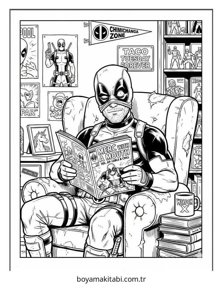 Deadpool boyama sayfası – basit çizim, kolay boyama