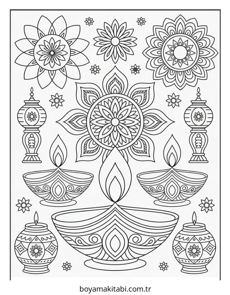 Diwali boyama sayfası – çocuk aktivitesi, PDF indir