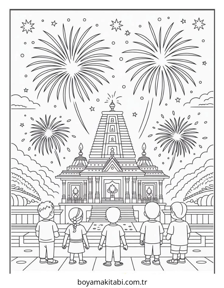 Diwali boyama sayfası – basit çizim, kolay boyama