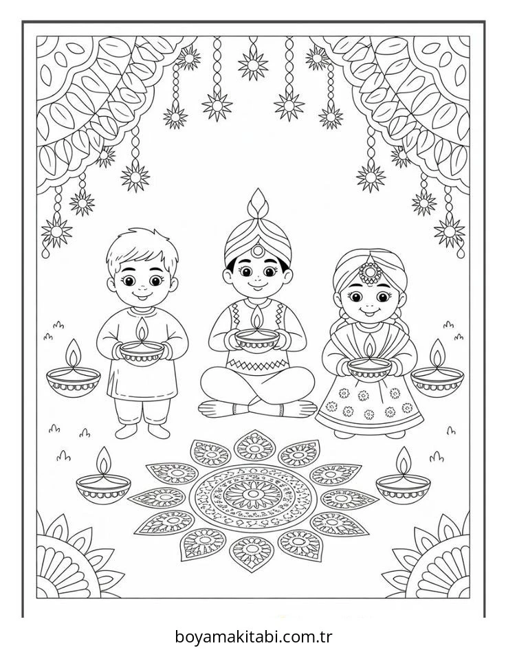 Diwali boyama sayfası – PDF indir, sevimli karakter