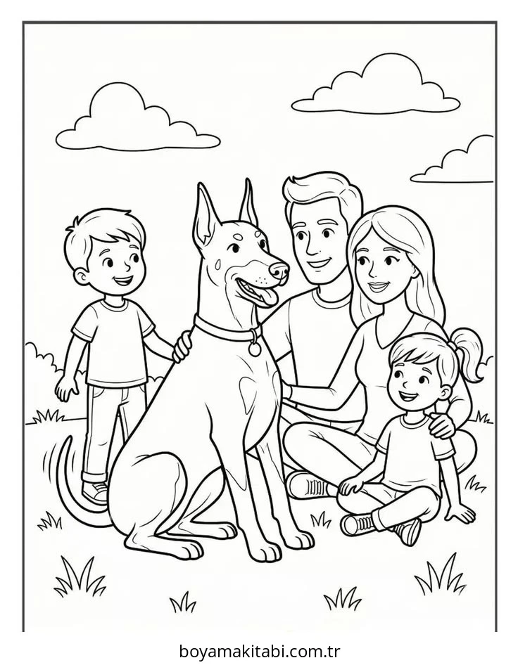 Doberman boyama sayfası – basit çizim, kolay boyama