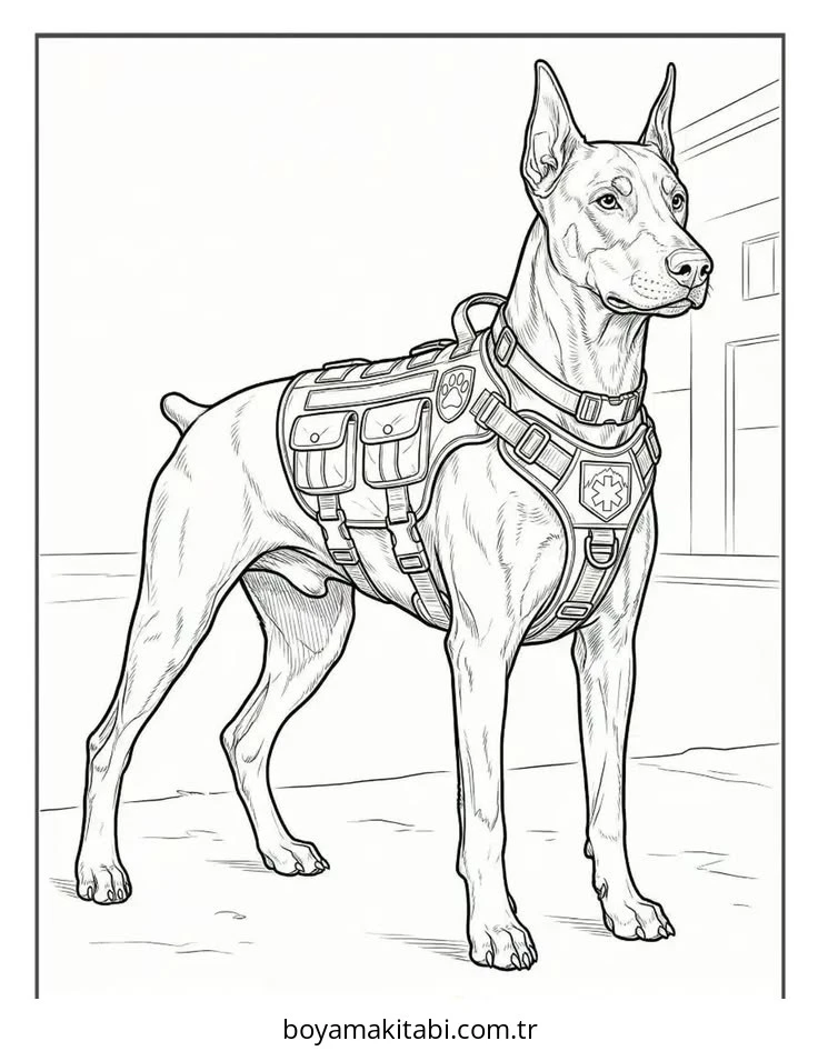Doberman boyama sayfası – kolay boyama, eğitici aktivite