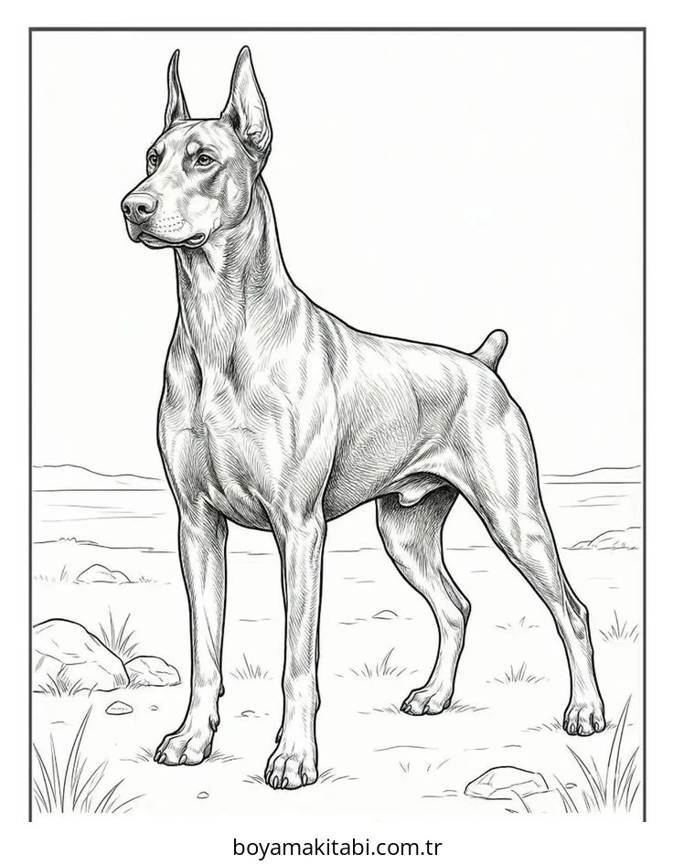 Doberman boyama sayfası – el becerilerini geliştirir, boyama çalışması