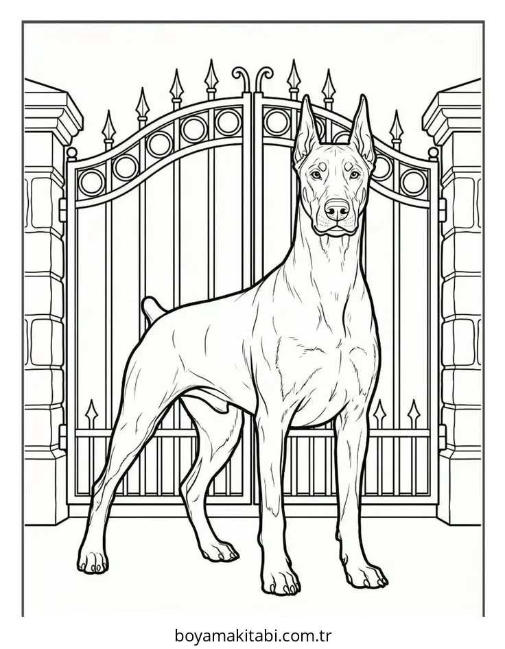 Doberman boyama sayfası – basit çizim, kolay boyama