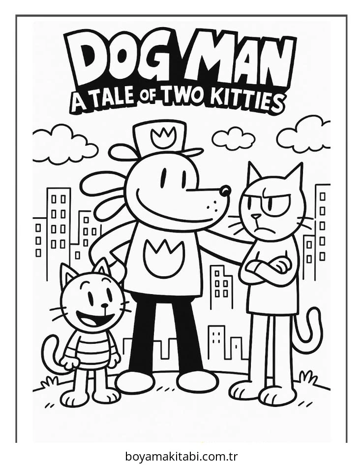 Dog Man boyama sayfası #18 – renkli çizimler, dikkat ve odaklanma geliştirir