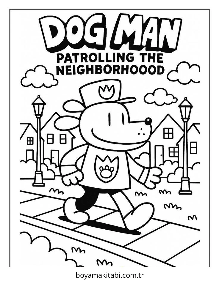 Dog Man boyama sayfası – PDF indir, sevimli karakter