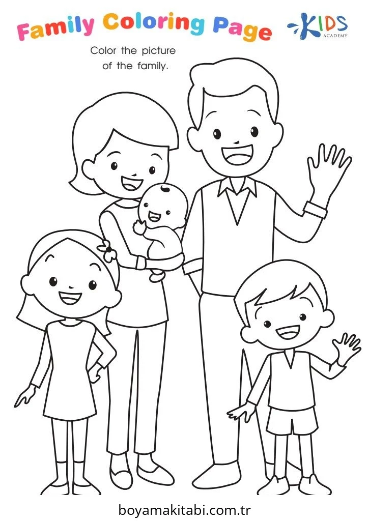 Aile boyama sayfası #110 – basit çizim, yaz tatili etkinliği