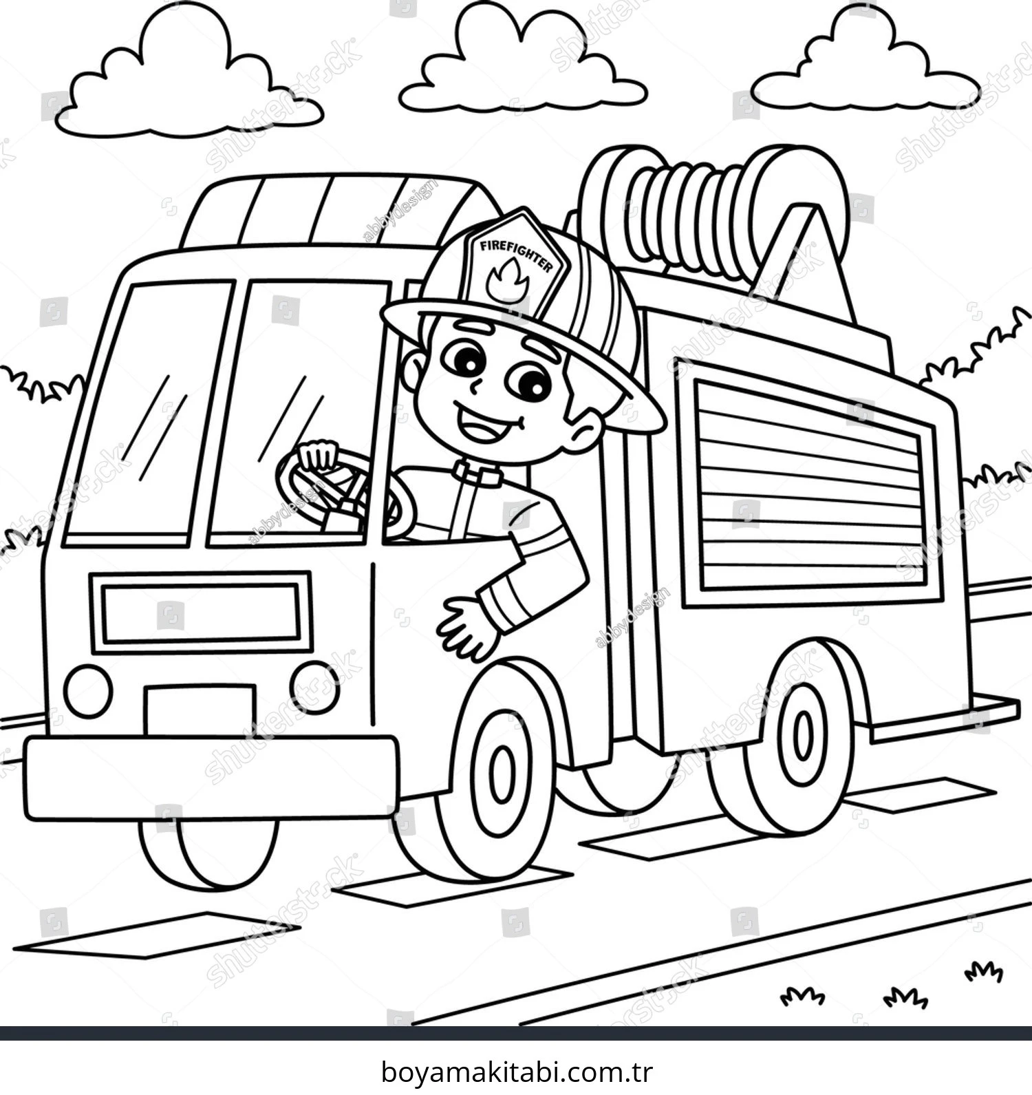 Fire Truck boyama sayfası – el becerilerini geliştirir, boyama çalışması