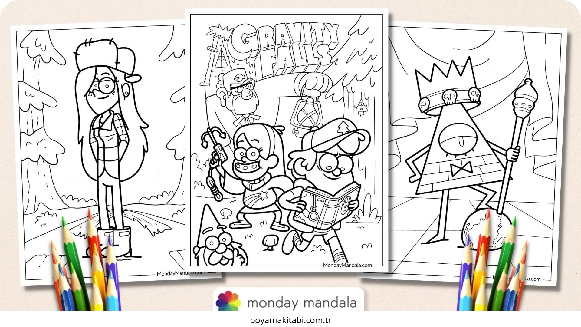 Gravity Falls boyama sayfası – basit çizim, kolay boyama