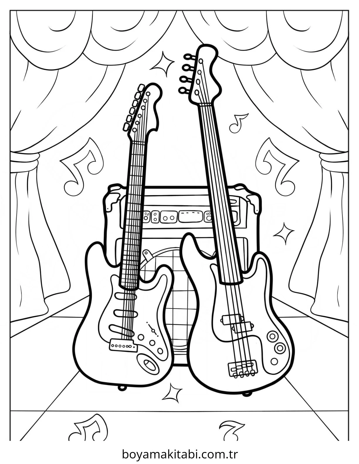 Gitar boyama sayfası – PDF indir, sevimli karakter