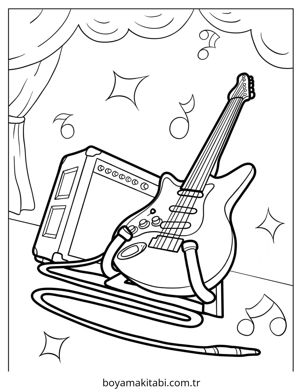 Gitar boyama sayfası – eğlenceli etkinlik, el becerilerini geliştirir