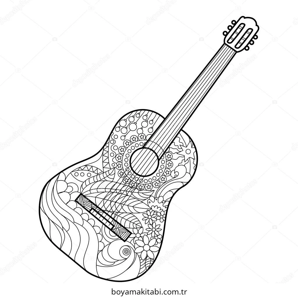 Gitar boyama sayfası – keyifli zaman, renkli çizimler