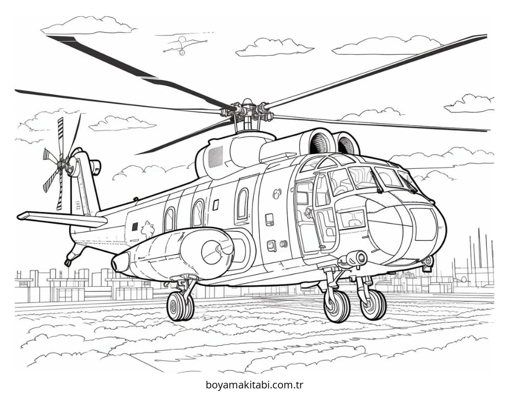 Helikopter boyama sayfası – sevimli karakter, sanatsal çalışma