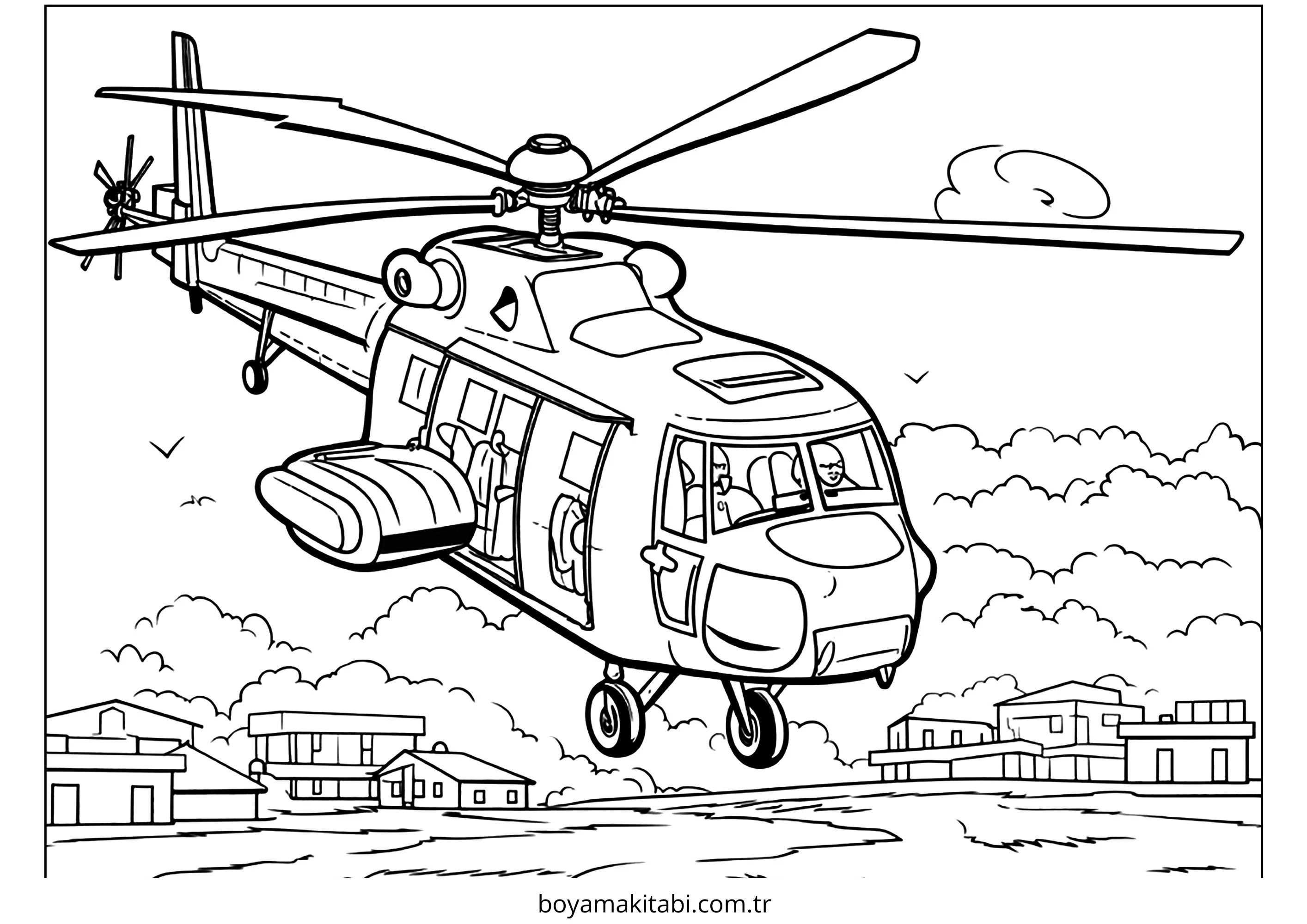 Helikopter boyama sayfası – PDF indir, sevimli karakter
