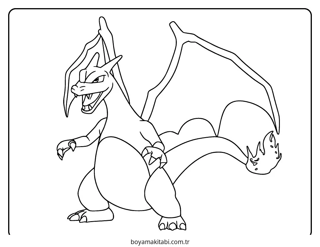 Pokemon Charizard boyama sayfası – sevimli karakter, sanatsal çalışma