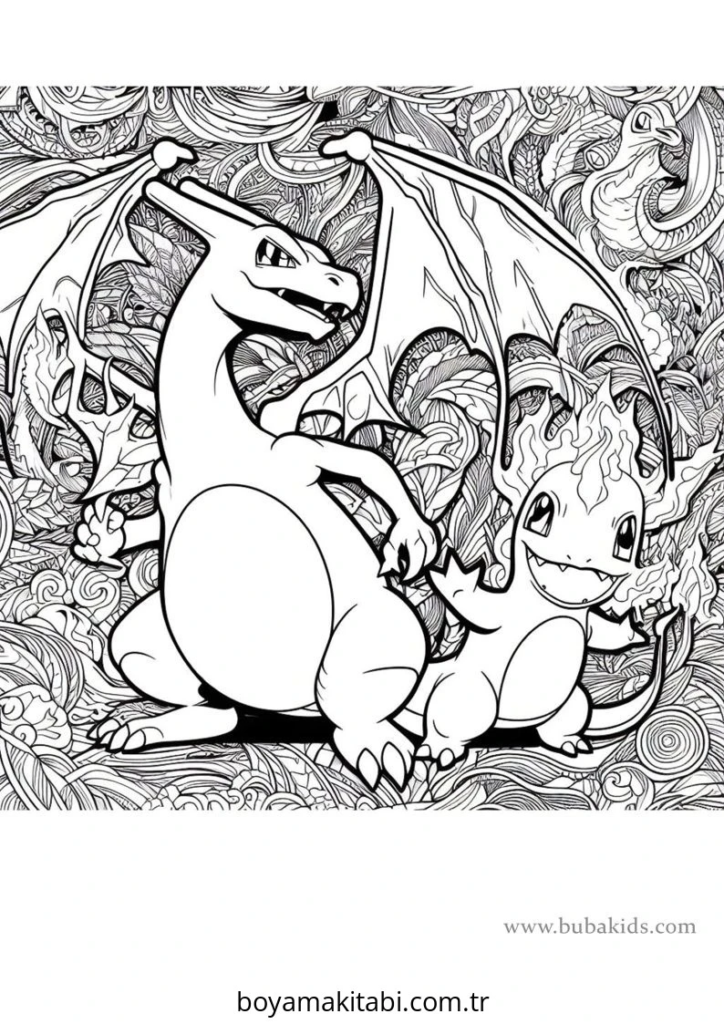 Pokemon Charizard boyama sayfası – el becerilerini geliştirir, boyama çalışması