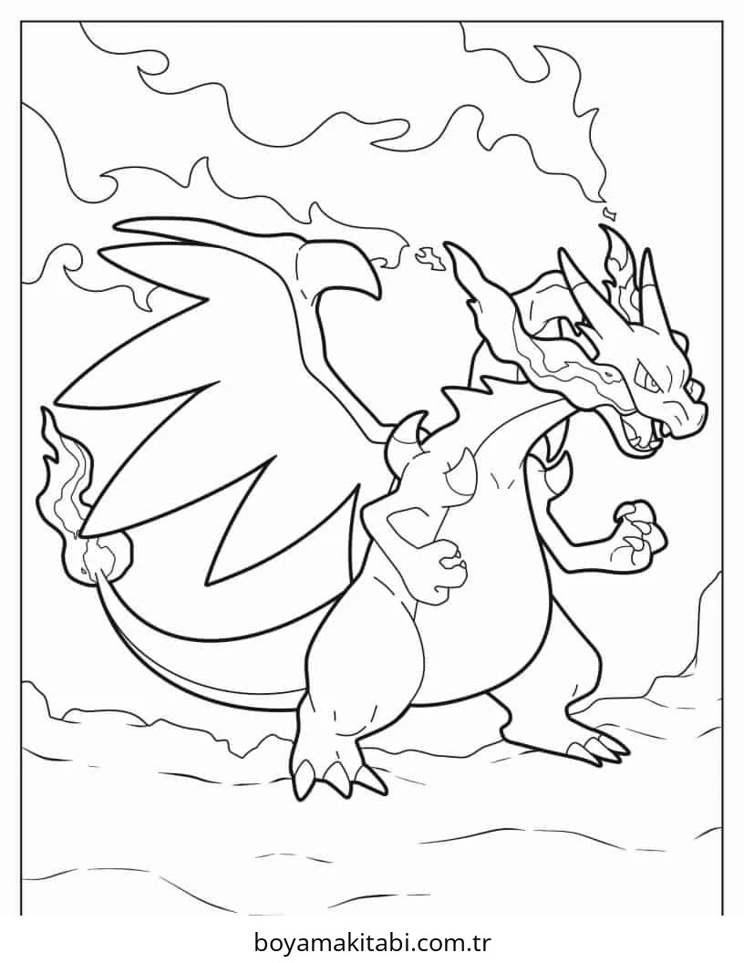 Pokemon Charizard boyama sayfası – sanatsal çalışma, çocuklar için