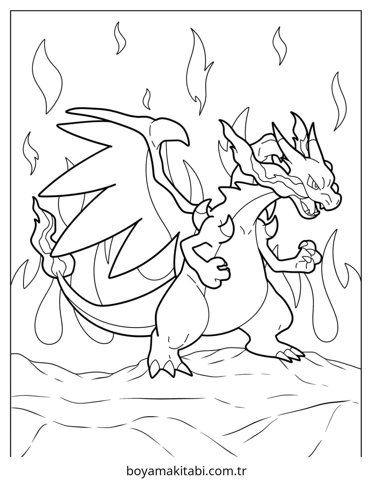 Pokemon Charizard boyama sayfası – çocuk aktivitesi, PDF indir