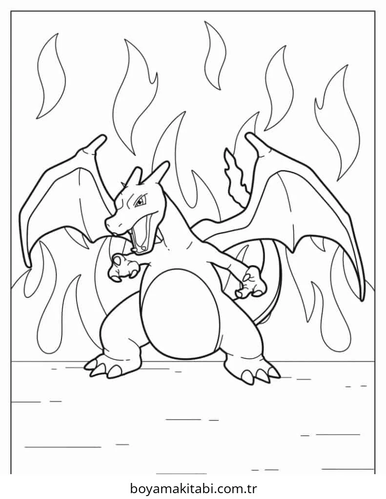 Pokemon Charizard boyama sayfası – basit çizim, kolay boyama