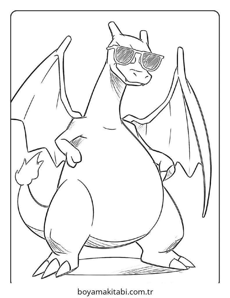 Pokemon Charizard boyama sayfası – çizgi film temalı, basit çizim