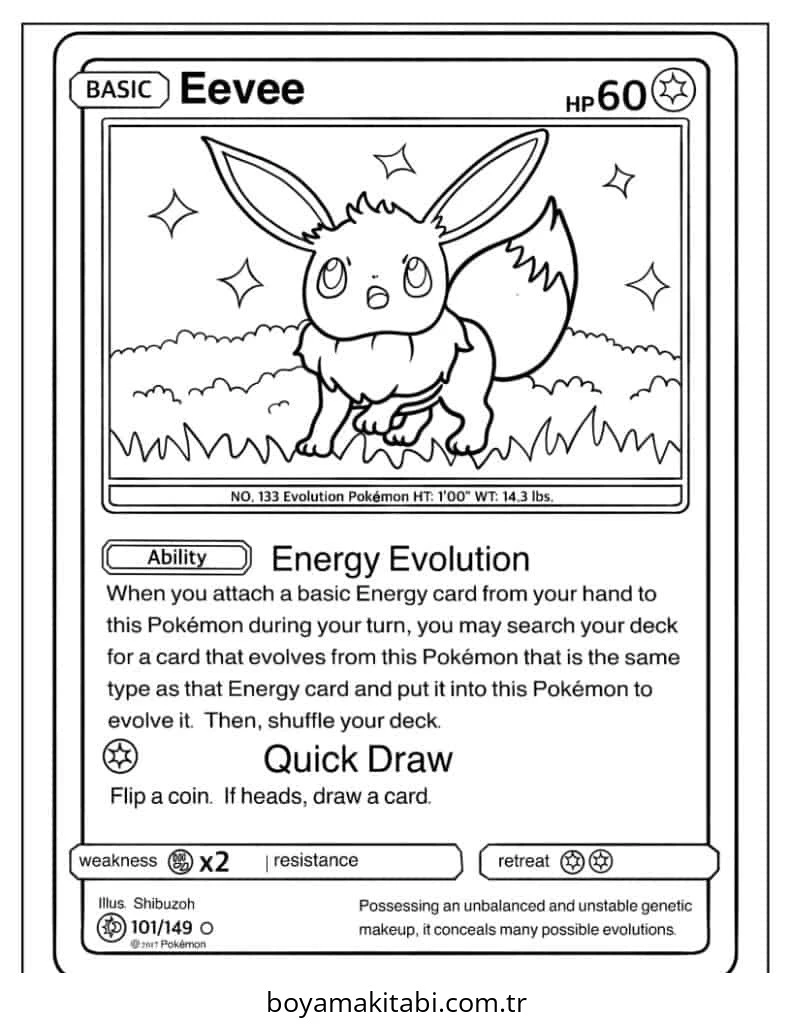 Pokemon Eevee boyama sayfası – eğitici aktivite, yaratıcılık