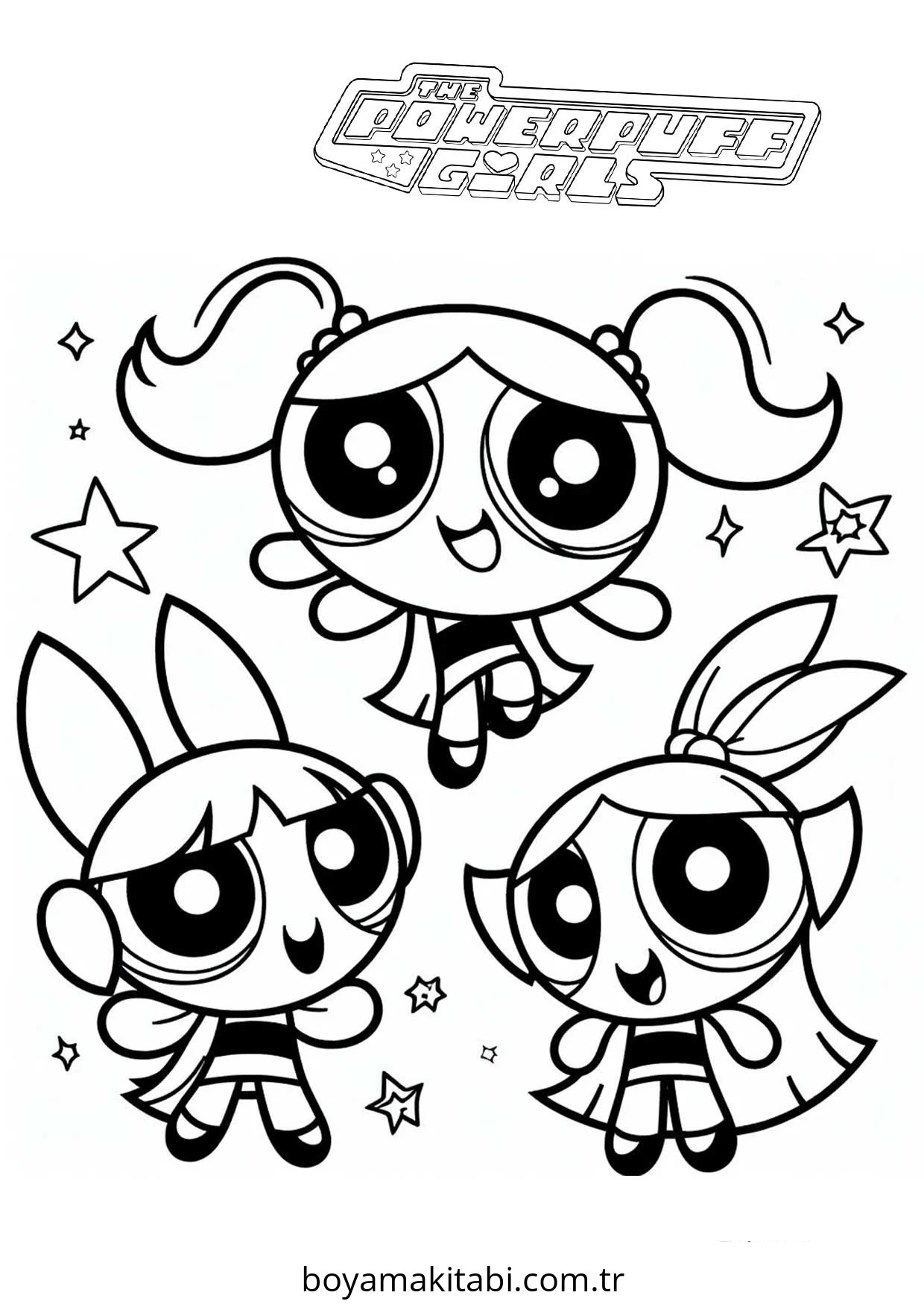Powerpuff Girls boyama sayfası – çizgi film temalı, basit çizim