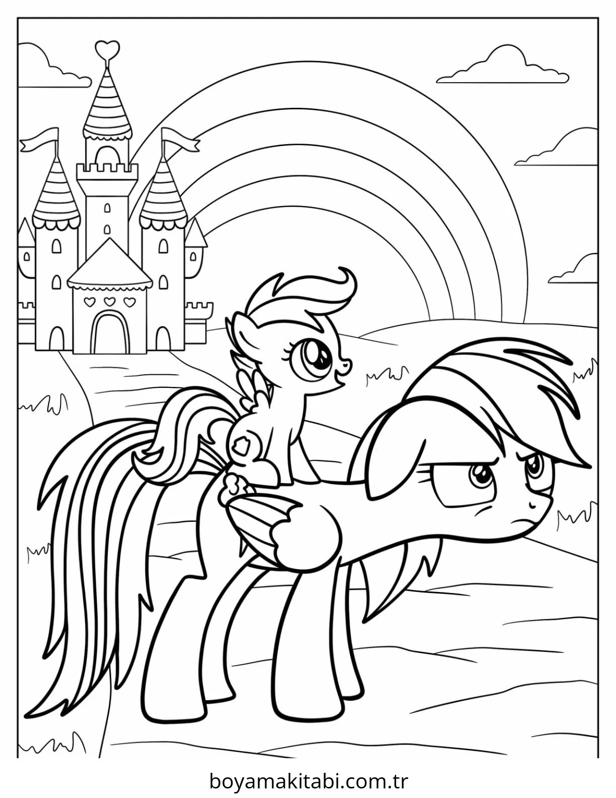 Rainbow Dash boyama sayfası – sevimli karakter, sanatsal çalışma