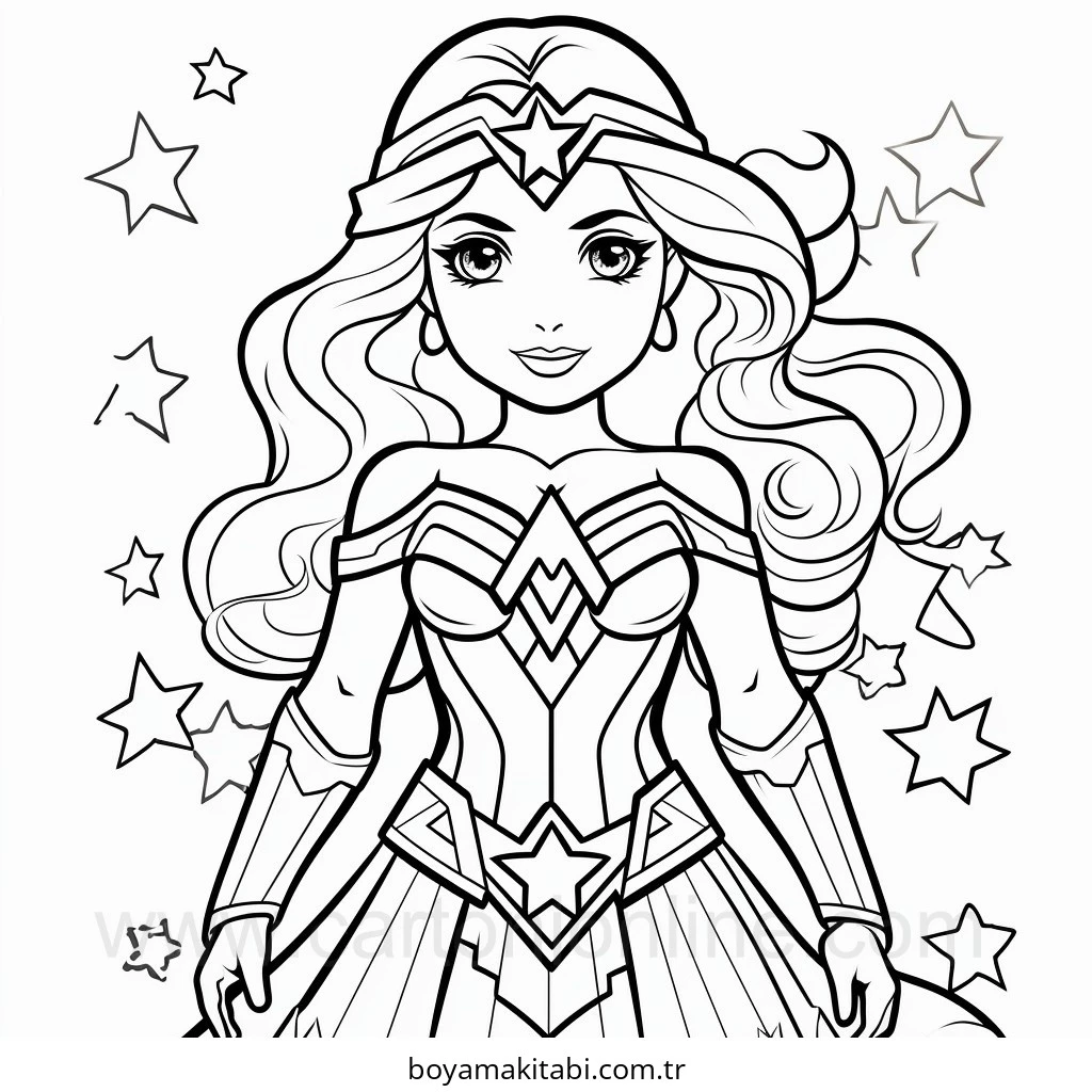 Wonder Woman boyama sayfası – PDF indir, sevimli karakter