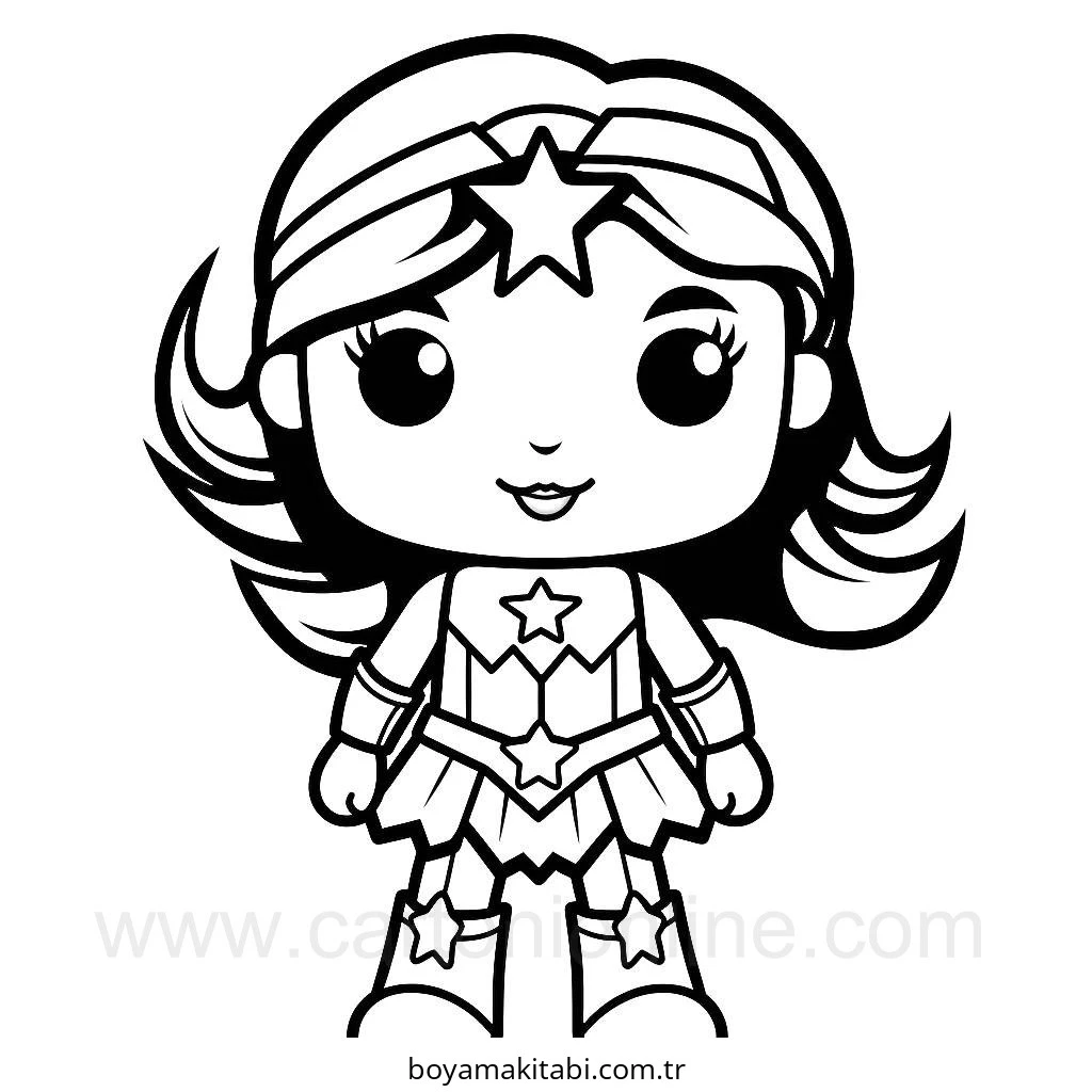 Wonder Woman boyama sayfası – sevimli karakter, sanatsal çalışma