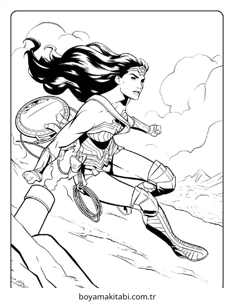 Wonder Woman boyama sayfası – çizgi film temalı, basit çizim