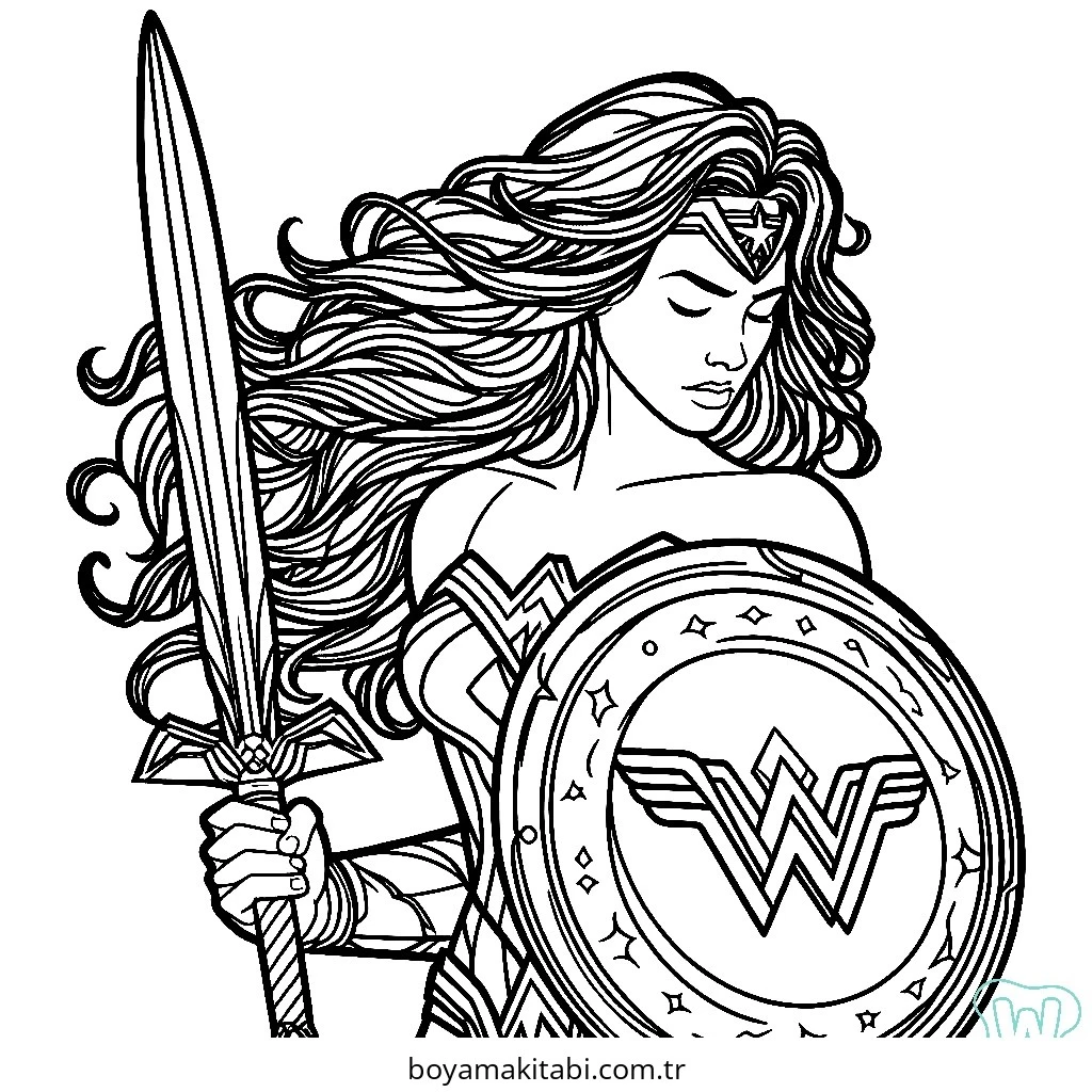 Wonder Woman boyama sayfası – renkli çizimler, okul öncesi