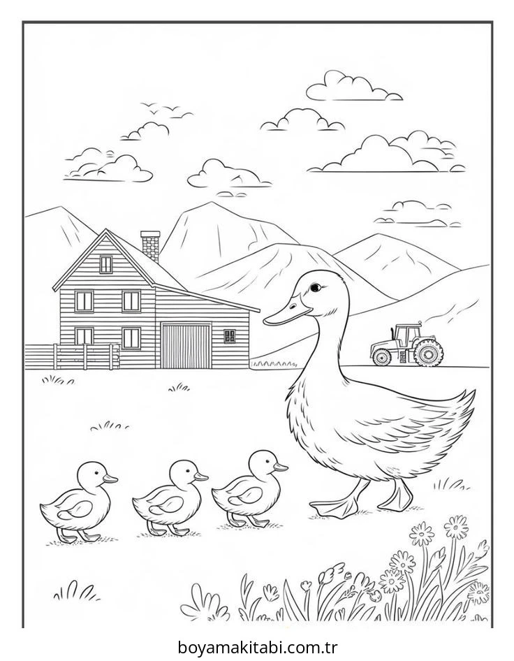 Ördek boyama sayfası – PDF indir, sevimli karakter