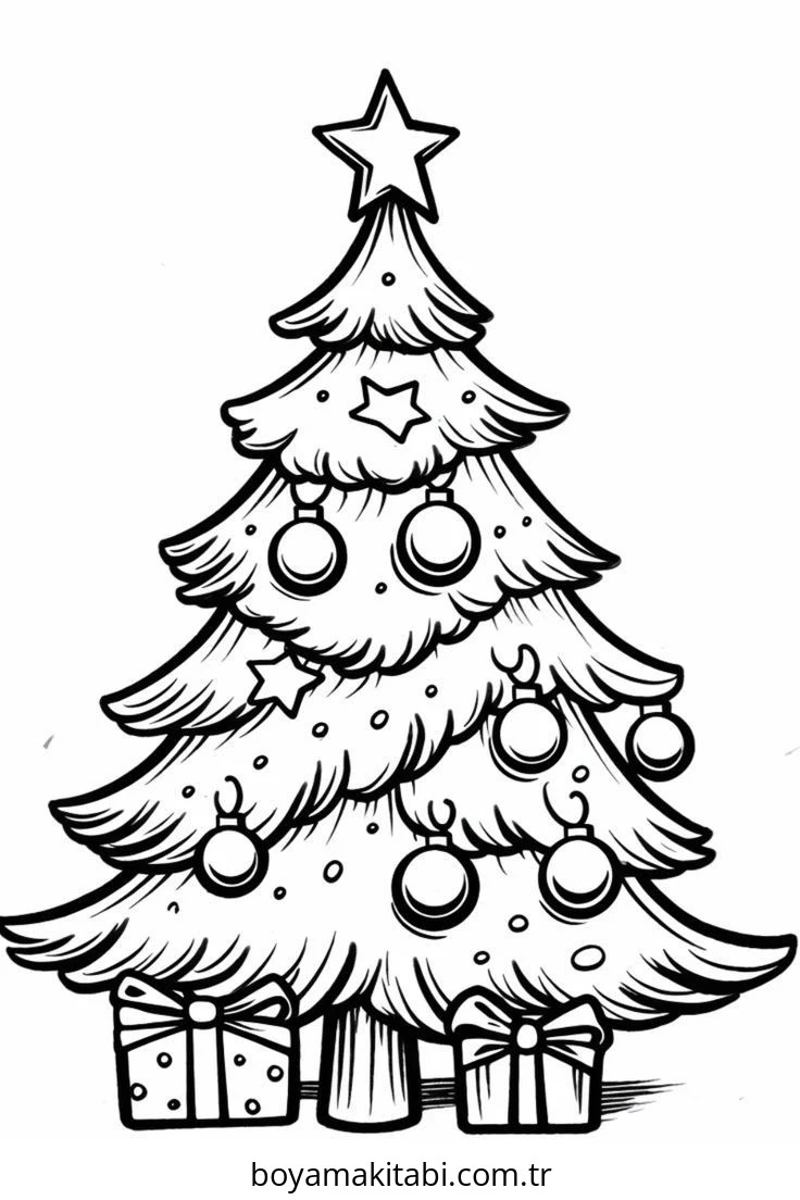 Yılbaşı Ağacı (Noel ağacı) boyama sayfası #100 – renk bilgisini öğretir, günlük etkinlik önerisi