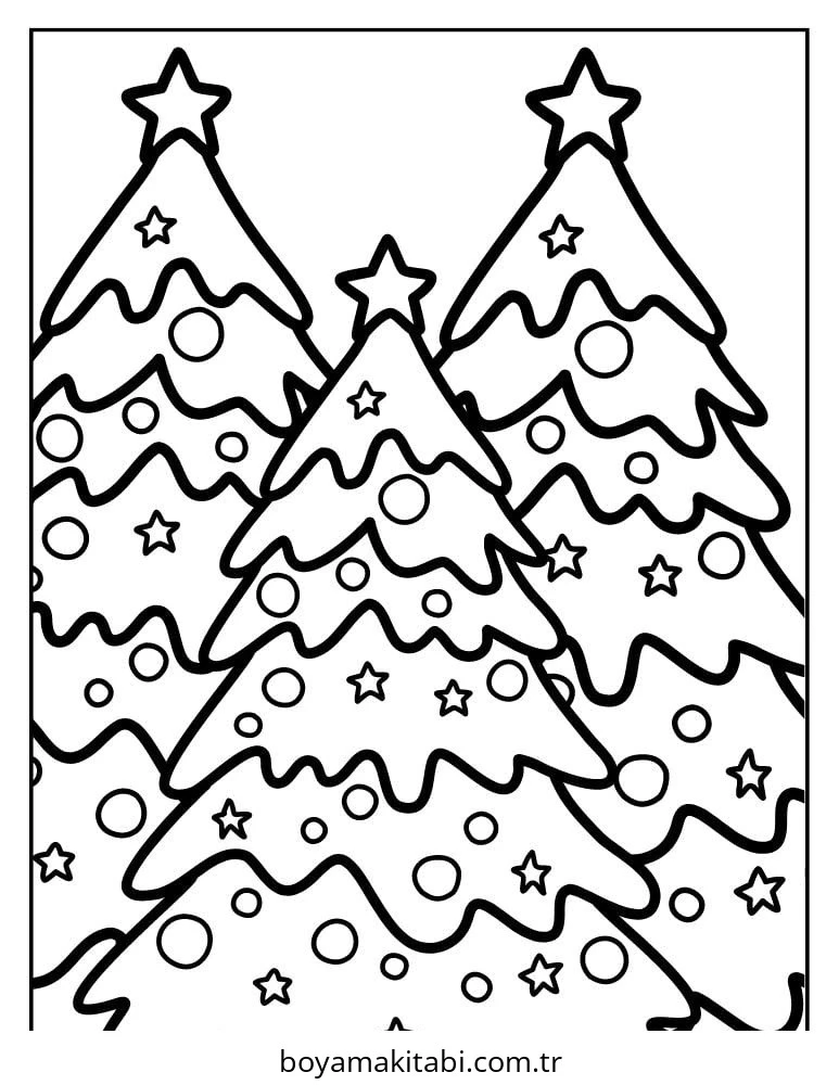 Yılbaşı Ağacı (Noel ağacı) boyama sayfası – PDF indir, sevimli karakter