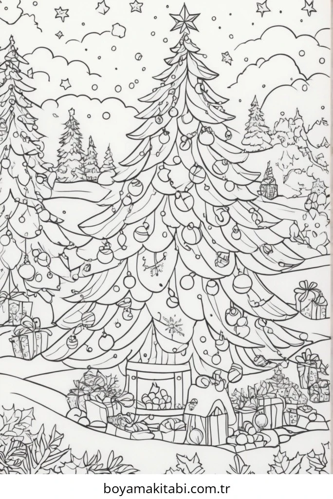Yılbaşı Ağacı (Noel ağacı) boyama sayfası – kolay boyama, eğitici aktivite