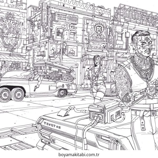 Cyberpunk  boyama sayfası – çizgi film temalı, basit çizim