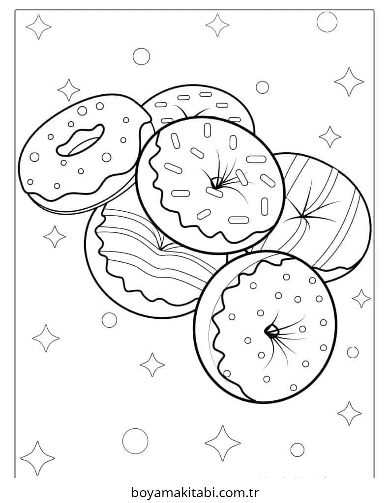 Donut boyama sayfası – renkli çizimler, okul öncesi