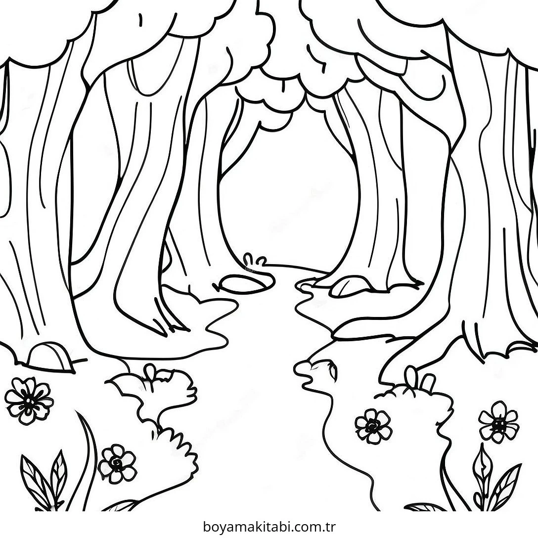 Enchanted Forest boyama sayfası – sevimli karakter, sanatsal çalışma