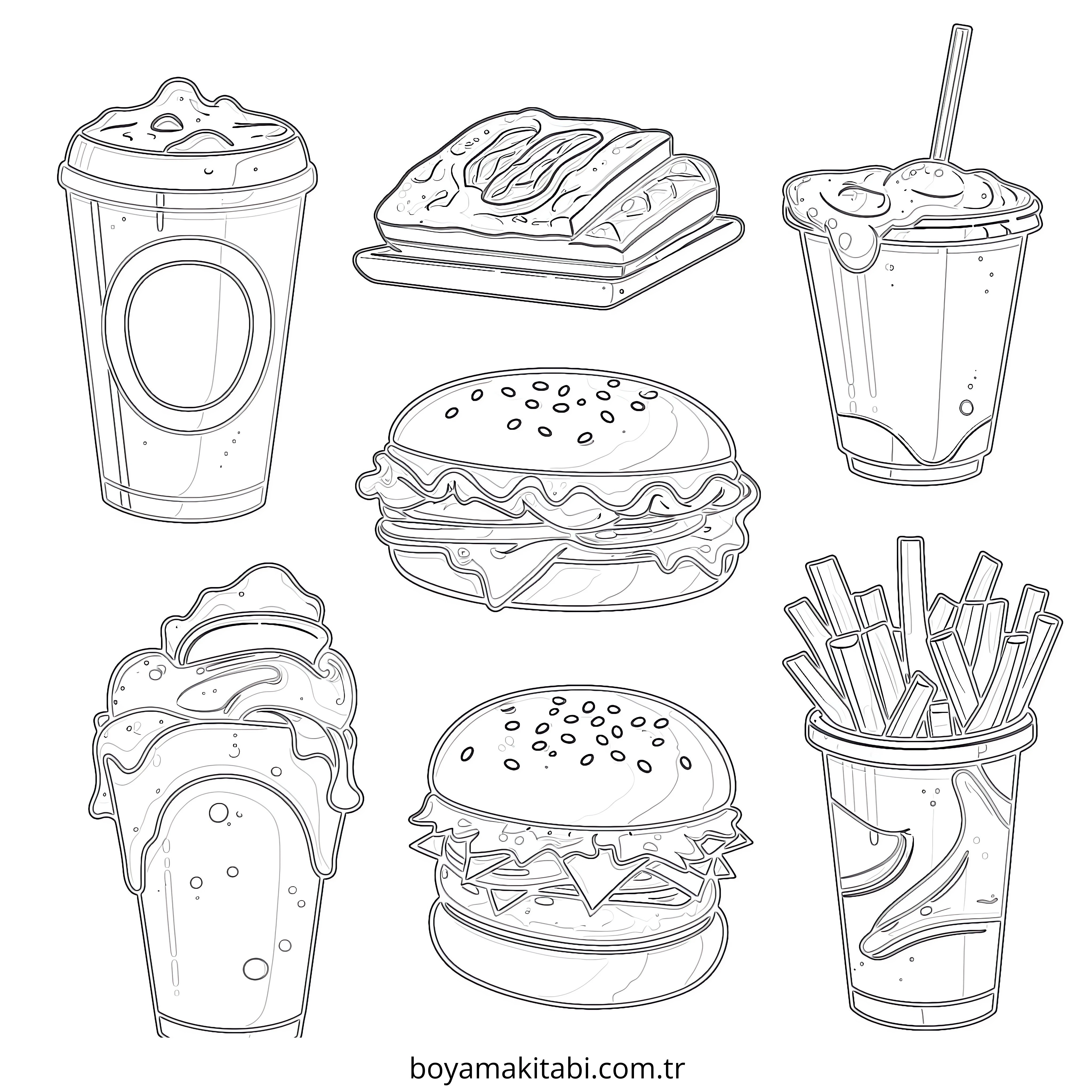 Fast Food boyama sayfası – keyifli zaman, renkli çizimler