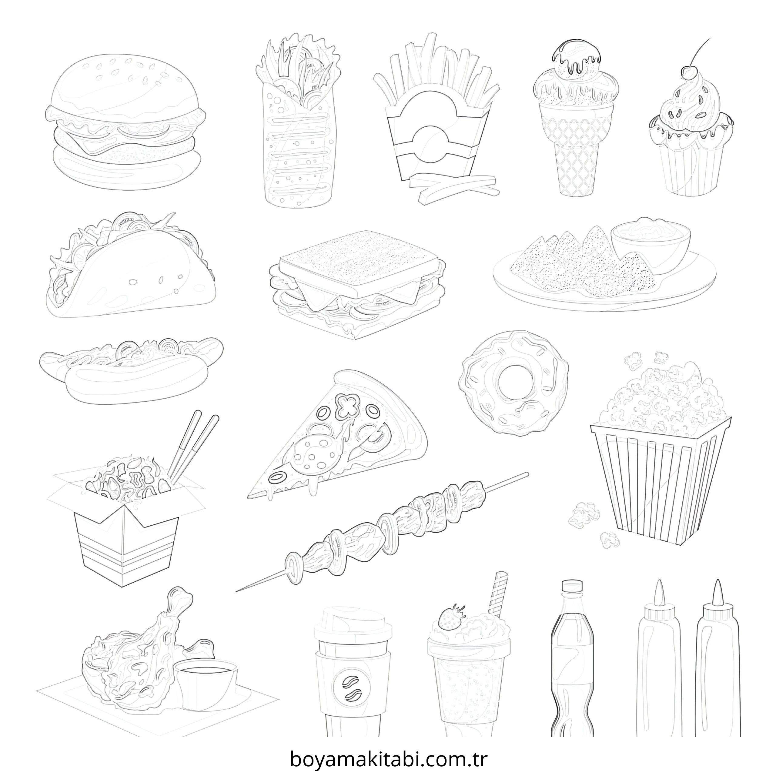 Fast Food boyama sayfası – çocuk aktivitesi, PDF indir