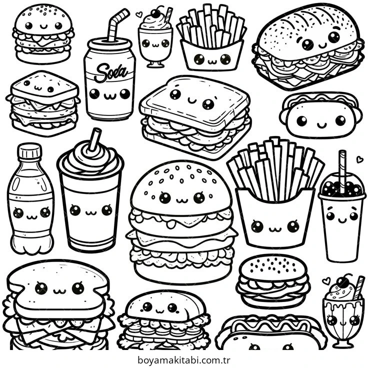 Fast Food boyama sayfası – basit çizim, kolay boyama