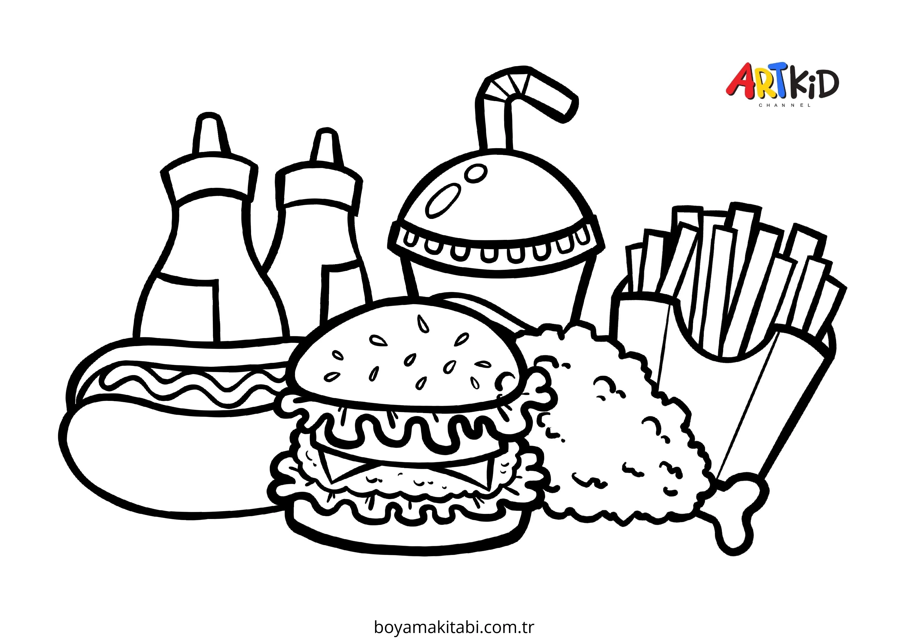 Fast Food boyama sayfası – renkli çizimler, okul öncesi