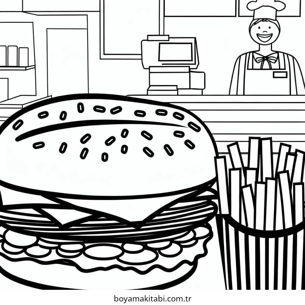 Fast Food boyama sayfası – eğlenceli etkinlik, el becerilerini geliştirir